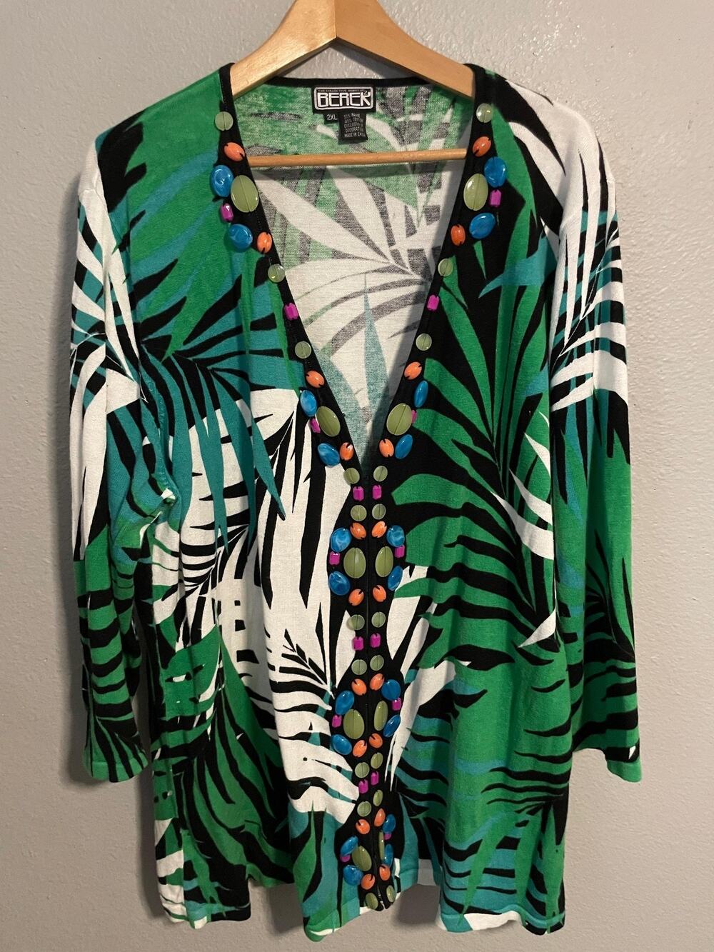 Vintage Berek Womens Cardigan Size 2XL Green Tropical Palm Beaded Colorful 90s